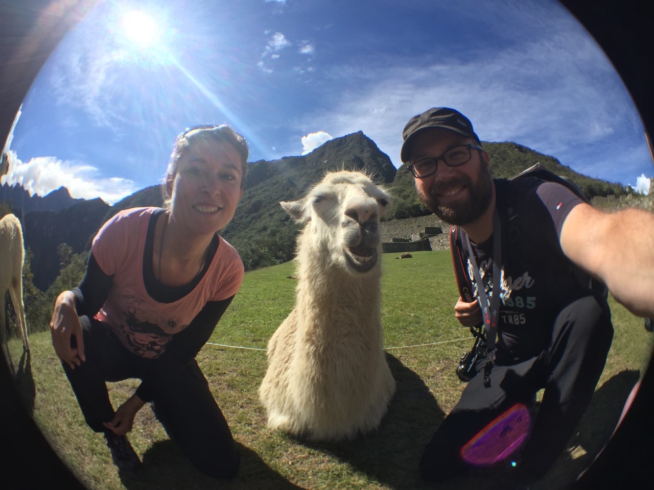 Glücklich mit Lama: Claudia und Dominik beim Machu Picchu