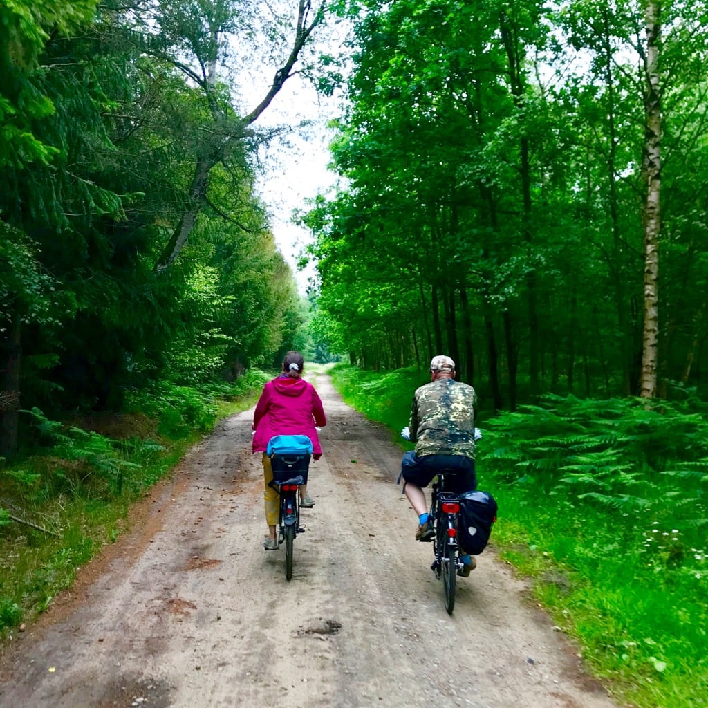 Alexia und Lewitz-Ranger Ralf auf den Fahrrädern in den Wäldern der Lewitz