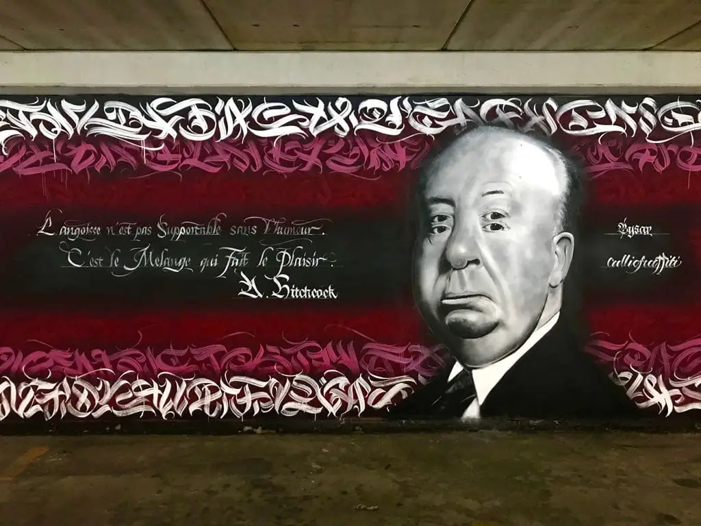 Hitchcock-Mural im Parkhaus Graffitipolis, Künstler: Calligraffiti