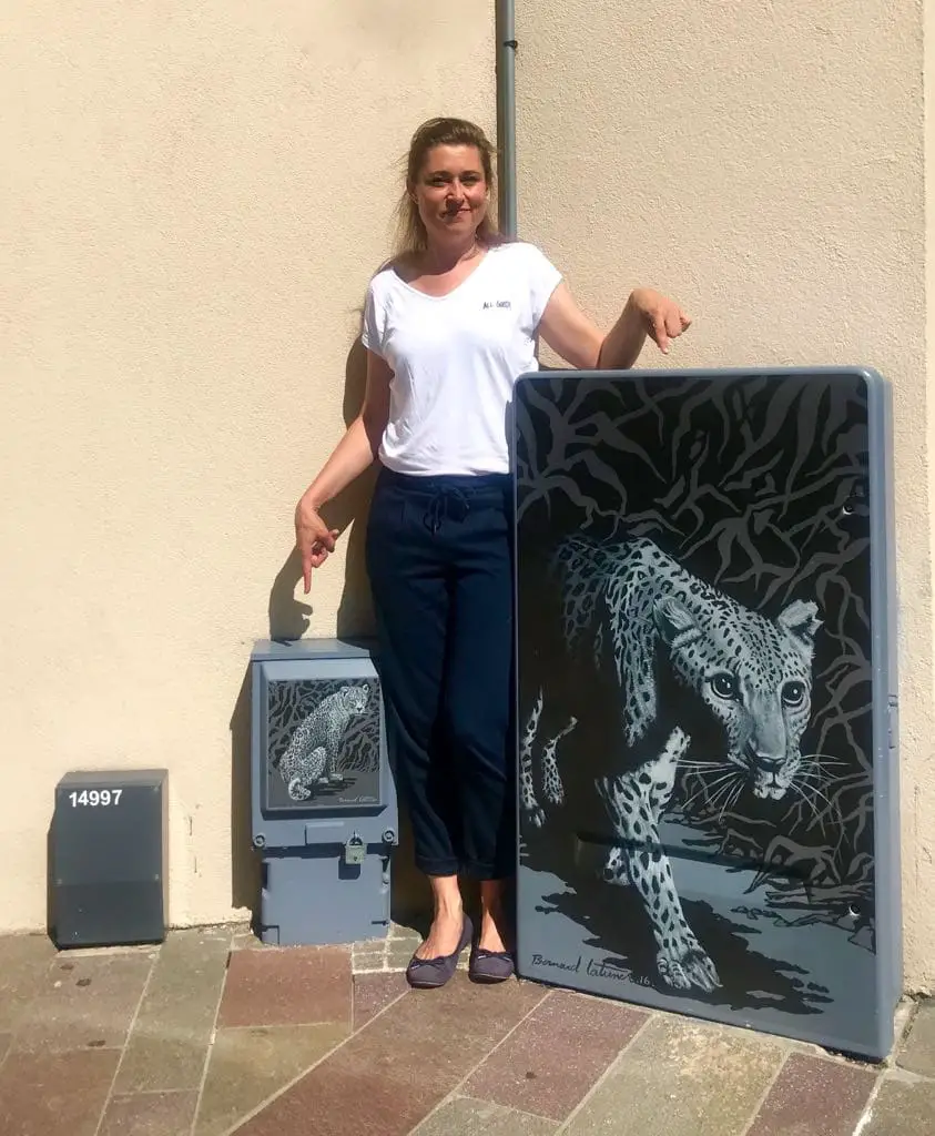 Claudia vor mit Leoparden bemalten Stromkästen in Mulhouse