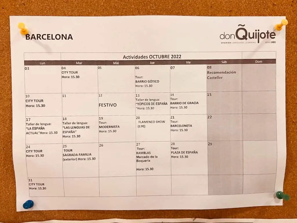 Übersicht mit außerschulischen Aktivitäten in der Sprachschule in Barcelona