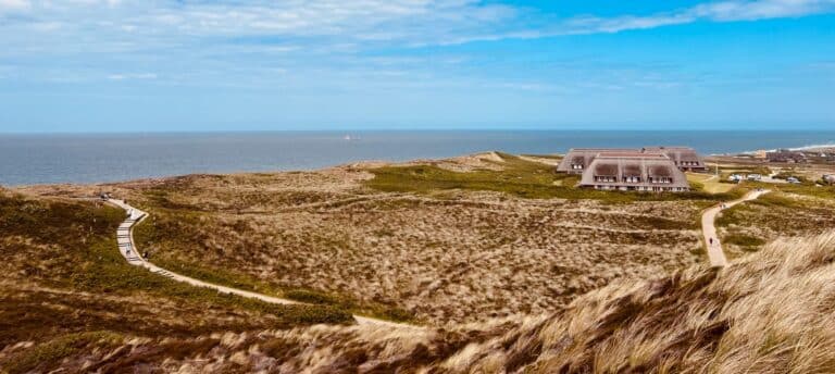 Blick auf die Dünenlandschaft und die Nordsee von der Uwe Düne aus