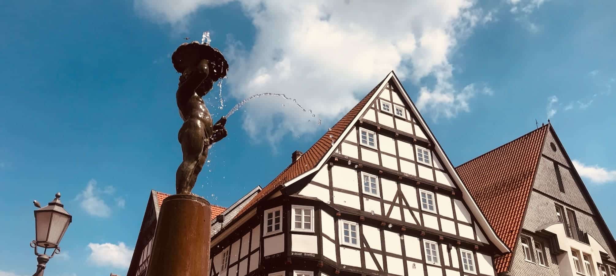 Figur Marktbrunnen mit Fachwerkhaus im Hintergrund Bad Wildungen